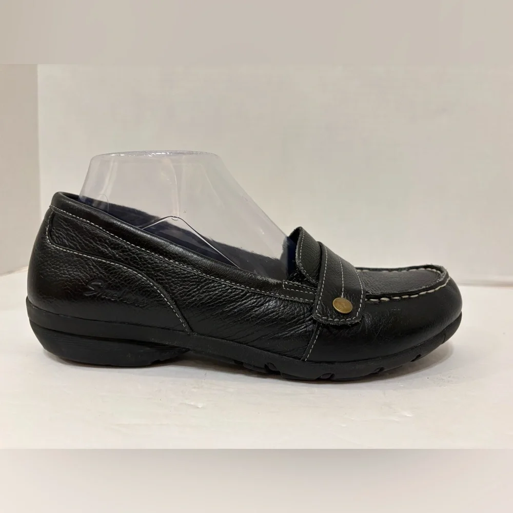 Skechers black leather relaxed fit memory foam slip-on loafers shoes size 8 - Picture 3 of 10